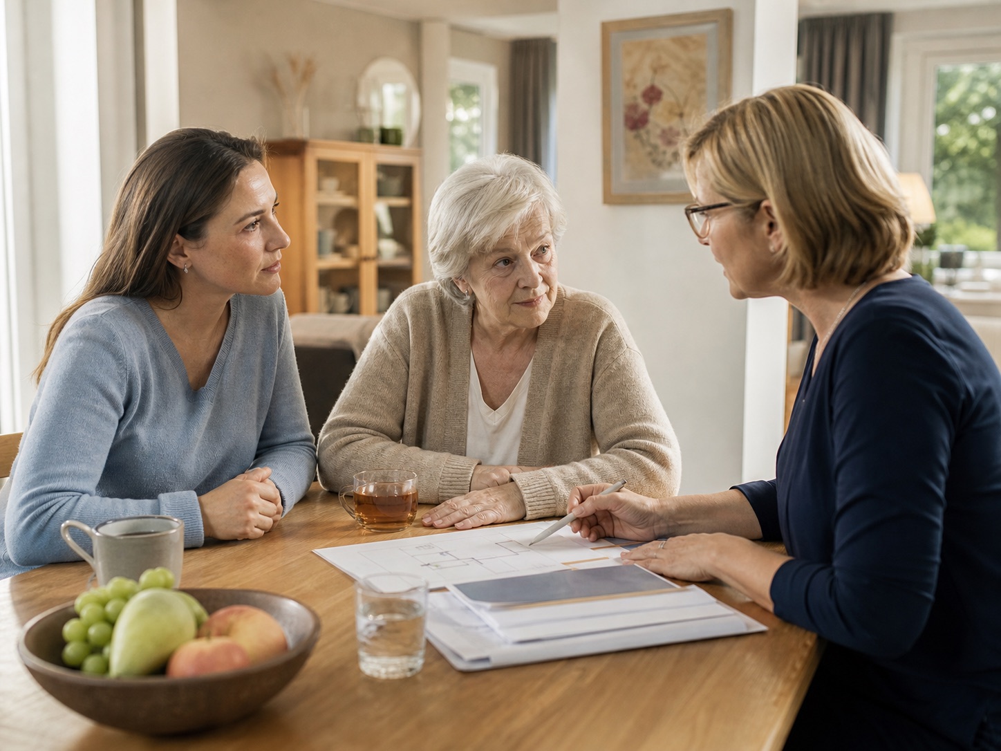 Angehörige besprechen zuhause einen Pflegeplan mit einer Fachkraft